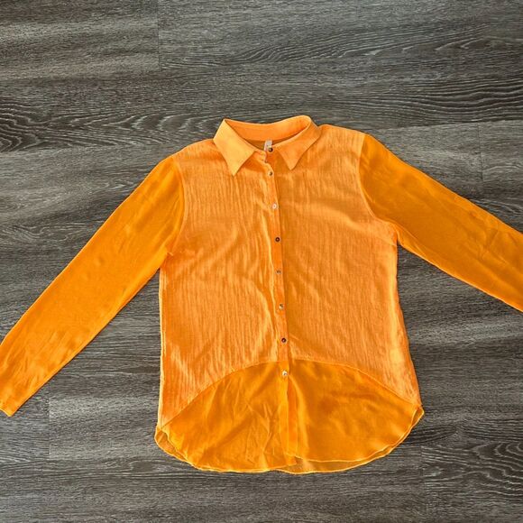 GUC Bailey 44 Cotton Silk High-Low Blouse Orange Sz S Sheer Sleeve Collared Top - Picture 3 of 15